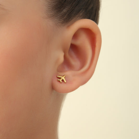 Cute Airplane gold earrings detail – airplane charm close-up by Twisty Locks