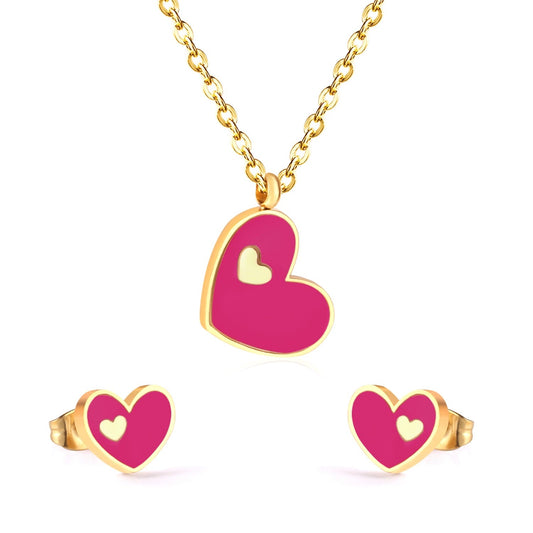 Dark Pink Hearts 18K Gold Plated Children's Jewellery Set - Twisty Locks  - Kids Hair Accessories India