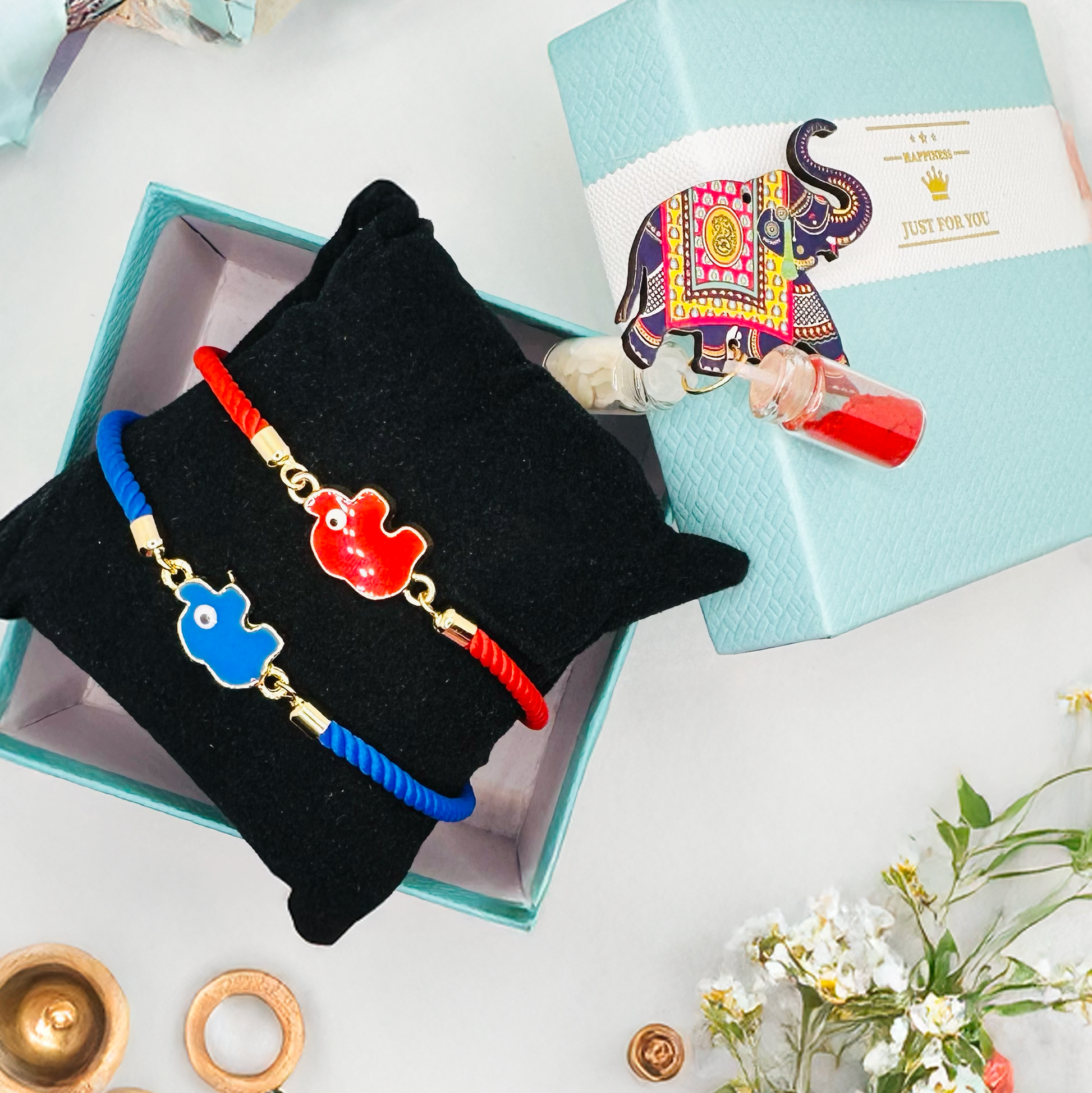Elephant Evil Eye Rakhi Combo with Roli & Chawal - Multi - Twisty Locks  - Kids Hair Accessories India