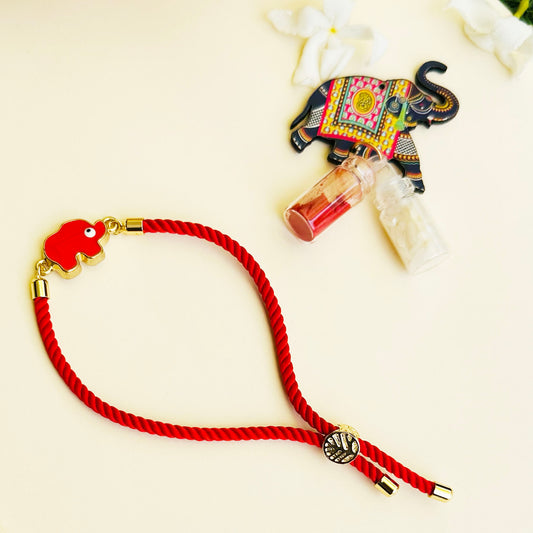 Elephant Evil Eye Rakhi with Roli & Chawal - Red - Twisty Locks  - Kids Hair Accessories India