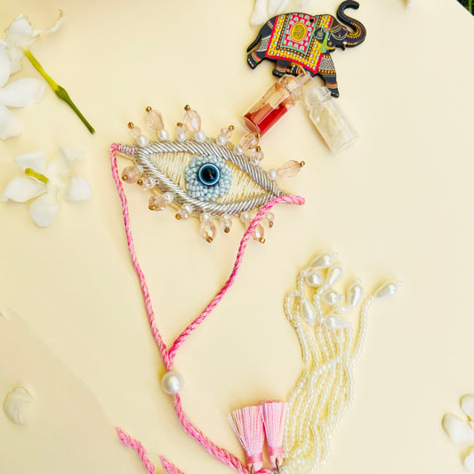 Evil Eye Embroidered Lumba with Roli & Chawal - Pink - Twisty Locks  - Kids Hair Accessories India