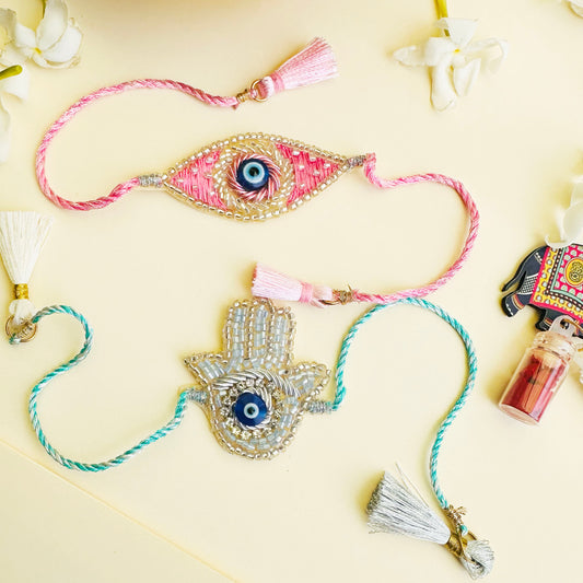Evil Eye Embroidered Rakhi Combo with Roli & Chawal - Multicoloured - Twisty Locks  - Kids Hair Accessories India