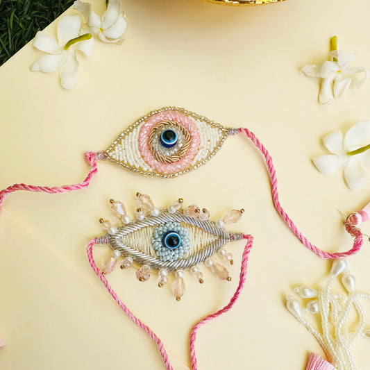 Evil Eye Embroidered Rakhi & Lumba Combo with Roli & Chawal - Multicoloured - Twisty Locks  - Kids Hair Accessories India