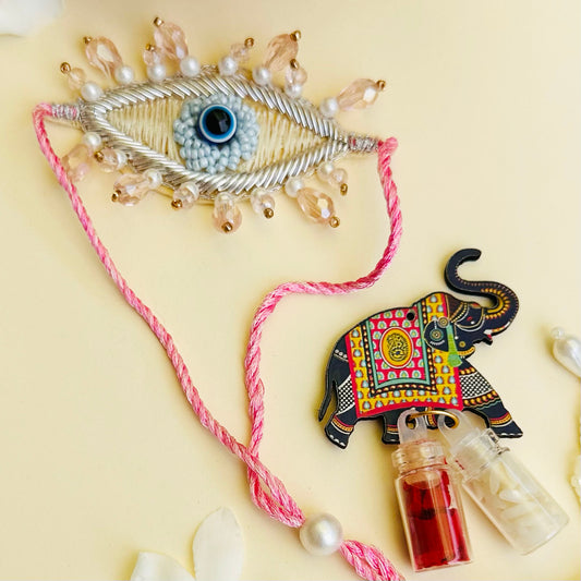 Evil Eye Embroidered Rakhi & Lumba Combo with Roli & Chawal - Multicoloured - Twisty Locks  - Kids Hair Accessories India
