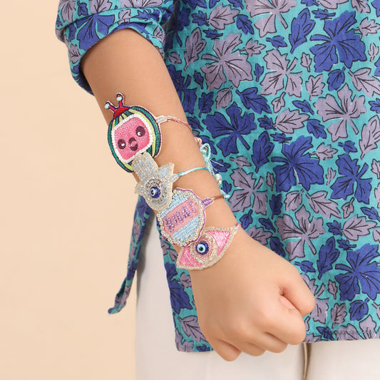 Evil Eye Embroidered Rakhi with Roli & Chawal - Big Pink - Twisty Locks  - Kids Hair Accessories India