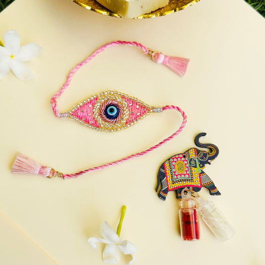 Evil Eye Embroidered Rakhi with Roli & Chawal - Pink - Twisty Locks  - Kids Hair Accessories India