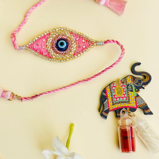 Evil Eye Embroidered Rakhi with Roli & Chawal - Pink - Twisty Locks  - Kids Hair Accessories India