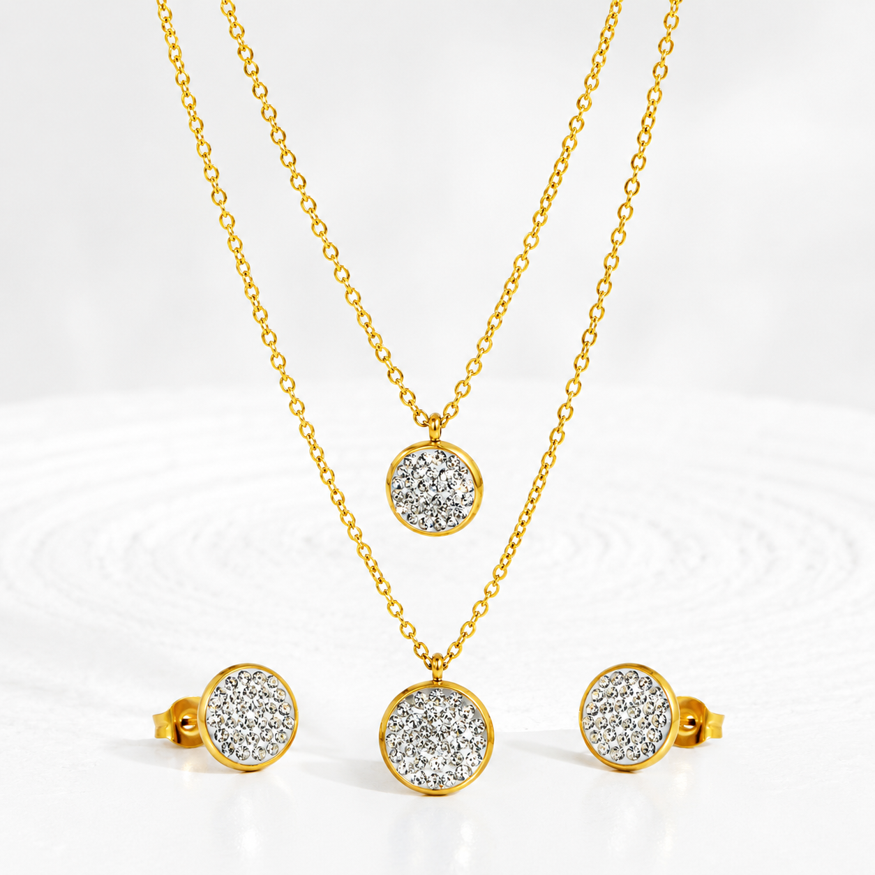 Double Disc Pave 18K Gold-Plated Jewellery Set (3 Pcs)