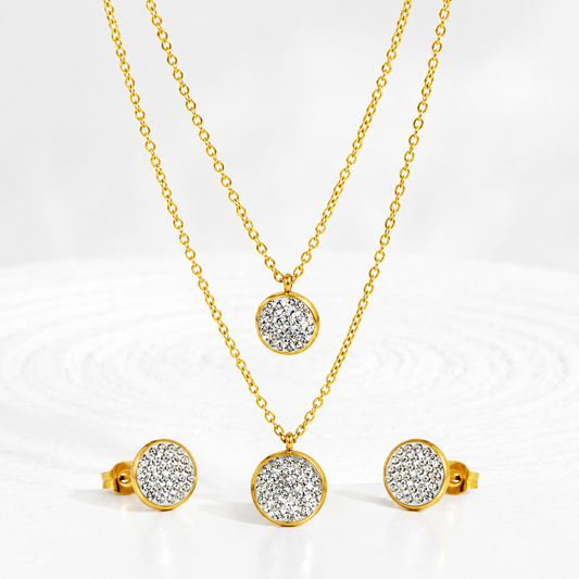 Double Disc Pave 18K Gold-Plated Jewellery Set (3 Pcs)