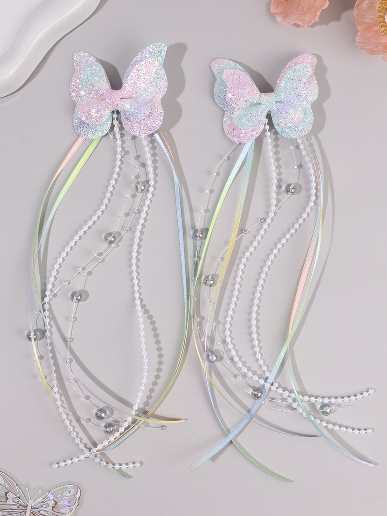 Glitter Pearl Tail Butterflies Set of 2 - Twisty Locks  - Kids and Women Hair Accessories, Fashion Clothing and Jewellery India