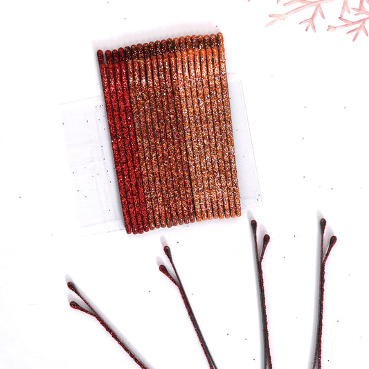 Glittery Bobby Pins - Set of 24 - Orange, Coral and Red - Twisty Locks  - Kids and Women Hair Accessories, Fashion Clothing and Jewellery India