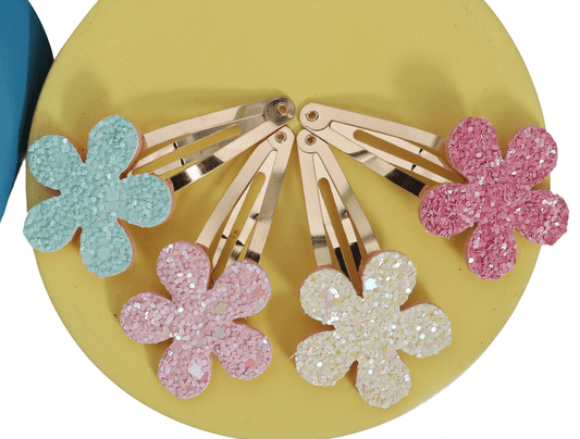 Glittery Flowers Tic Tac Snap Pins - Set of 4 - Twisty Locks  - Kids and Women Hair Accessories, Fashion Clothing and Jewellery India