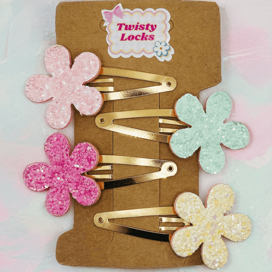 Glittery Flowers Tic Tac Snap Pins - Set of 4 - Twisty Locks  - Kids and Women Hair Accessories, Fashion Clothing and Jewellery India