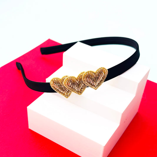 Gold Hearts Black Hairband - Twisty Locks  - Kids Hair Accessories India