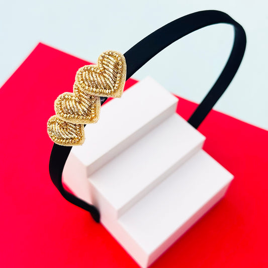Gold Hearts Black Hairband - Twisty Locks  - Kids Hair Accessories India