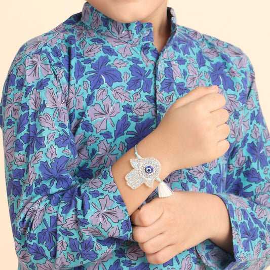 Hamsa Evil Eye Rakhi with Roli & Chawal - Blue - Twisty Locks  - Kids Hair Accessories India