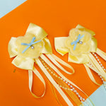 Yellow Ribbon & Pearl Tail Flower Bows - Set of 2