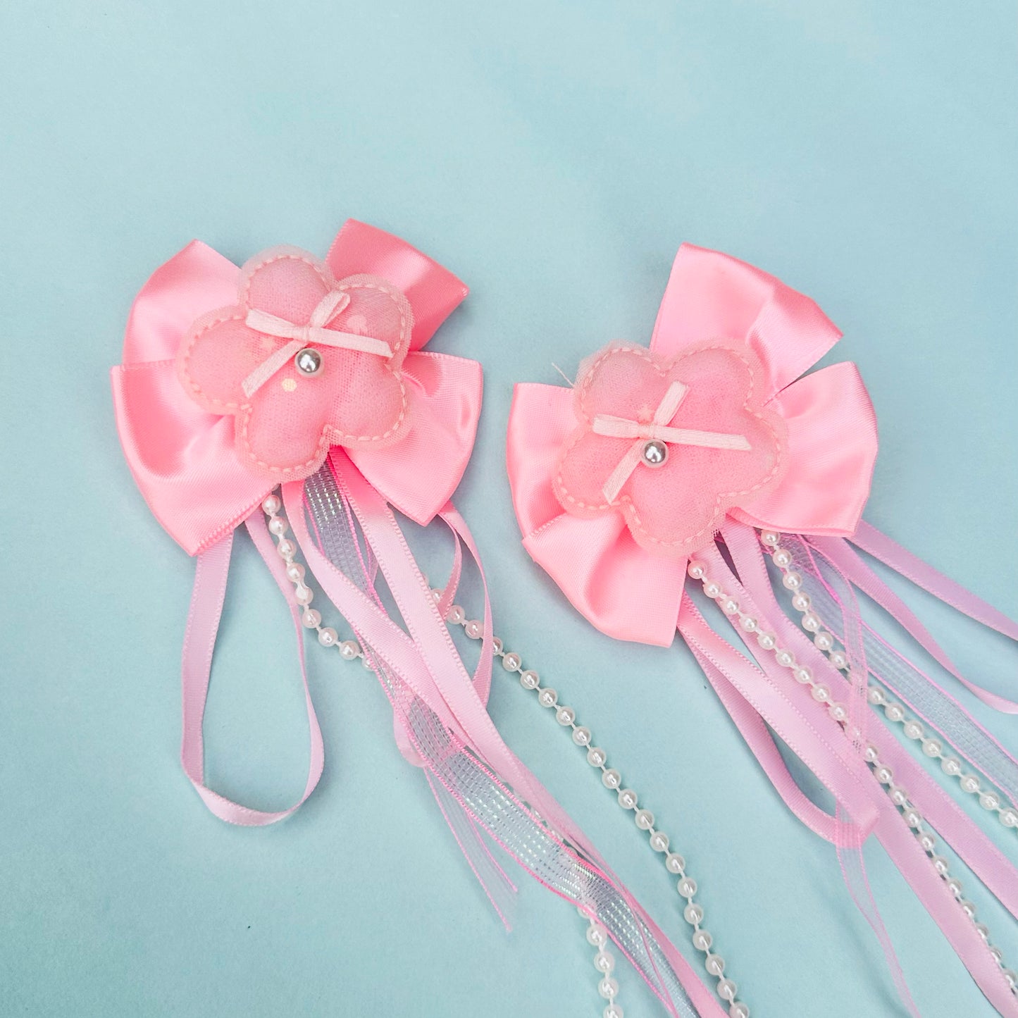 Pink Ribbon & Pearl Tail Flower Bows - Set of 2