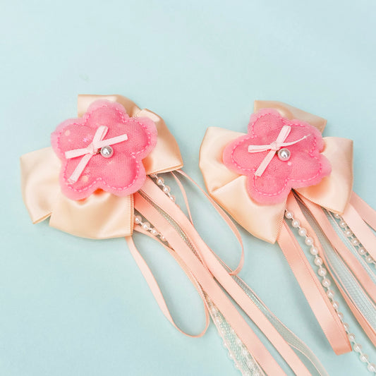 Peach Ribbon & Pearl Tail Flower Bows - Set of 2