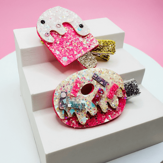 Ice Lolly & Donut Sparkle Clips - Set of 2 - Twisty Locks  - Kids and Women Hair Accessories, Fashion Clothing and Jewellery India