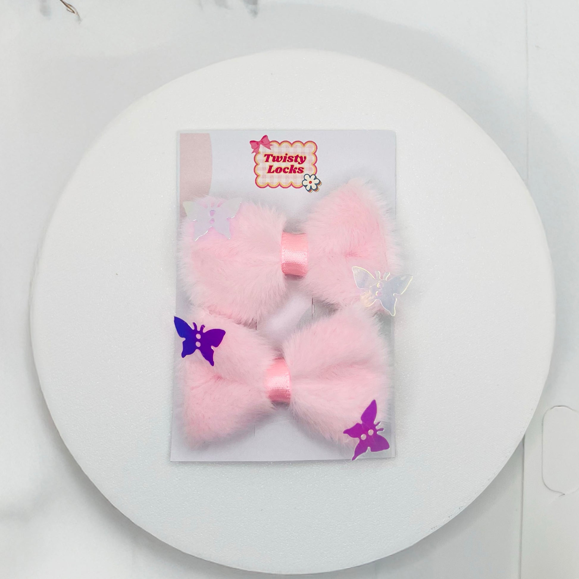 Light Pink Furry Bow Clips - Set of 2 - Twisty Locks  - Kids and Women Hair Accessories, Fashion Clothing and Jewellery India