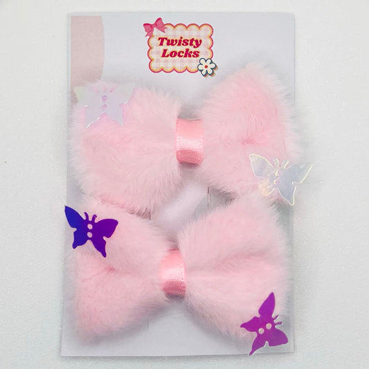 Light Pink Furry Bow Clips - Set of 2 - Twisty Locks  - Kids Hair Accessories India