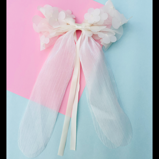 Off White Appliqué Flower Bow - Twisty Locks  - Kids Hair Accessories India