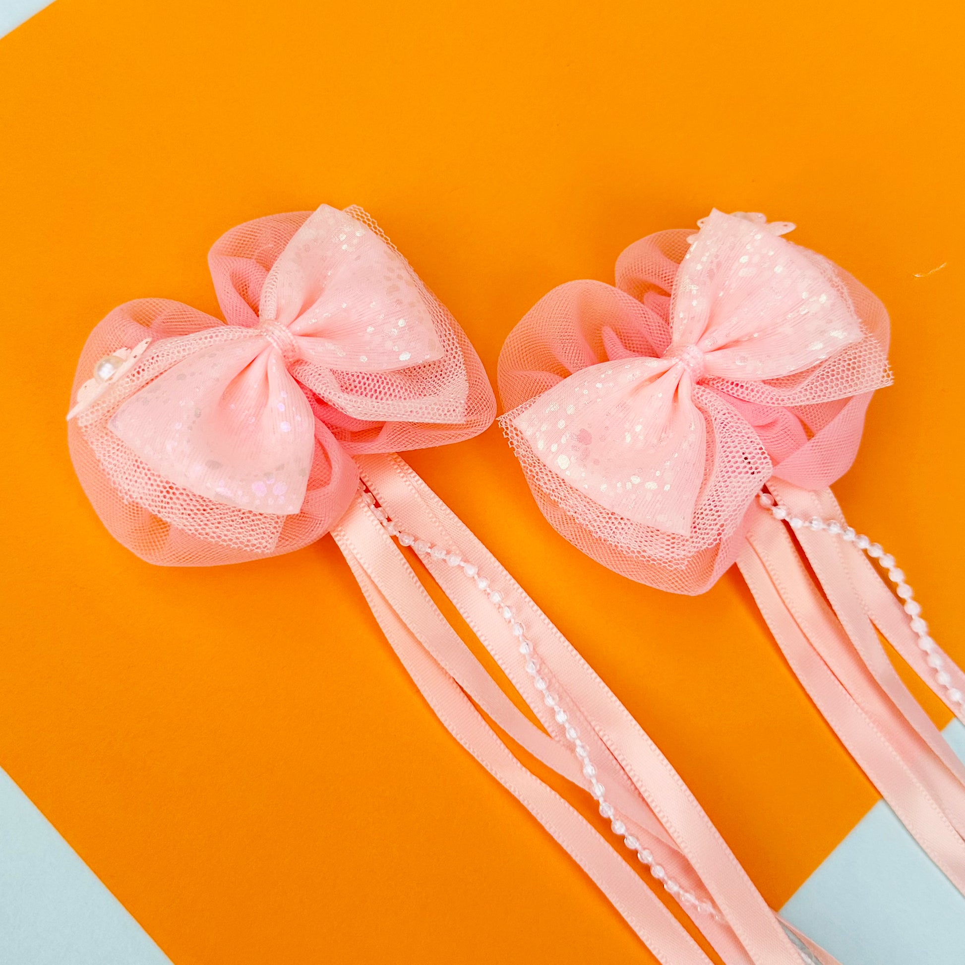 Peach Ribbon & Pearl Tail Bows - Set of 2 - Twisty Locks  - Kids Hair Accessories India