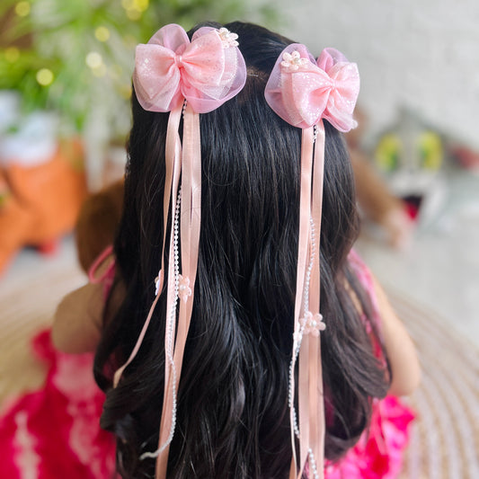 Peach Ribbon & Pearl Tail Bows - Set of 2 - Twisty Locks  - Kids Hair Accessories India