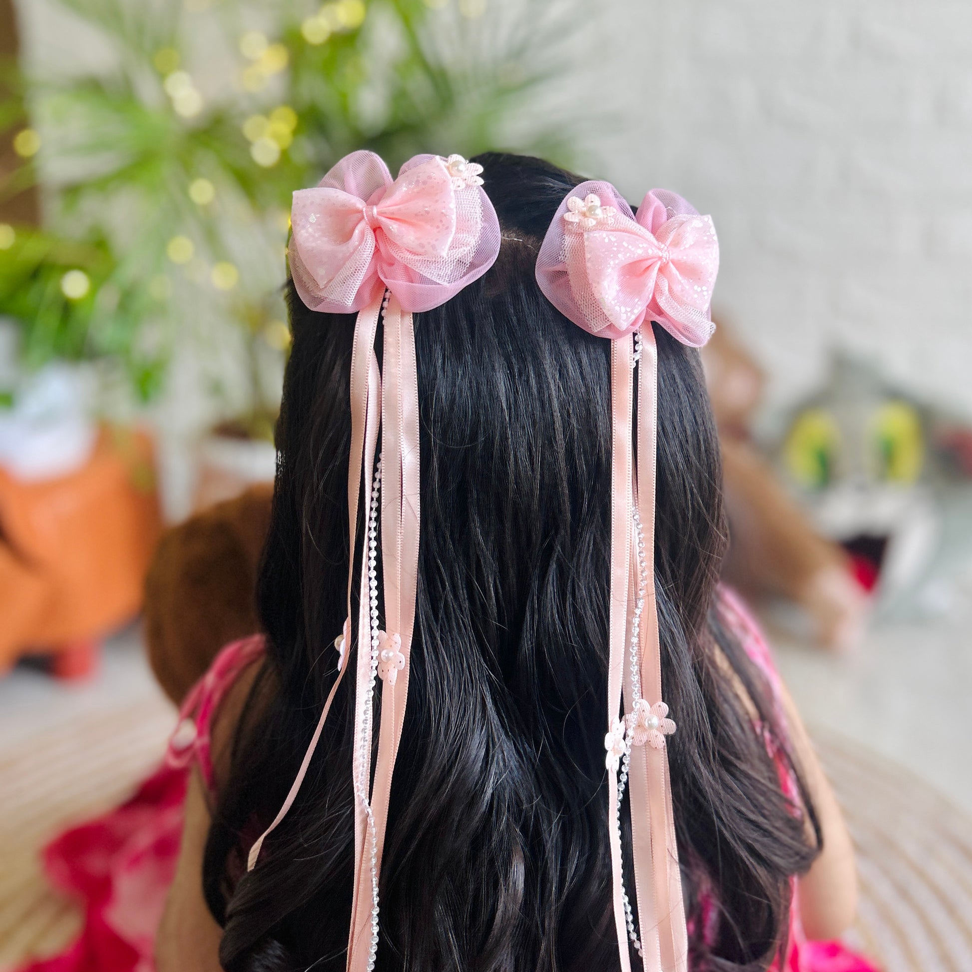 Peach Ribbon & Pearl Tail Bows - Set of 2 - Twisty Locks  - Kids Hair Accessories India