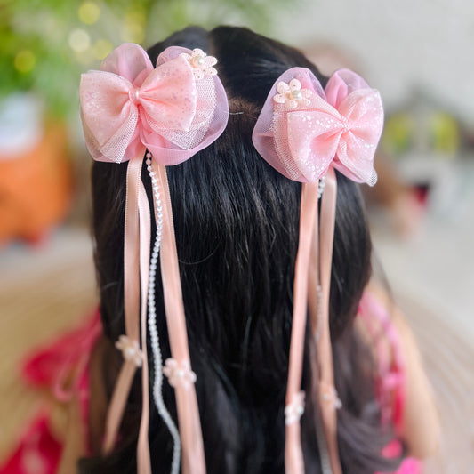 Peach Ribbon & Pearl Tail Bows - Set of 2 - Twisty Locks  - Kids Hair Accessories India