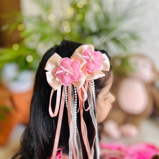 Peach Ribbon & Pearl Tail Flower Bows - Set of 2 - Twisty Locks  - Kids Hair Accessories India