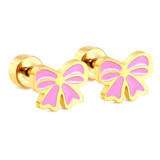 Pink Bow 18K Gold Plated Children's Earrings - Twisty Locks  - Kids Hair Accessories India