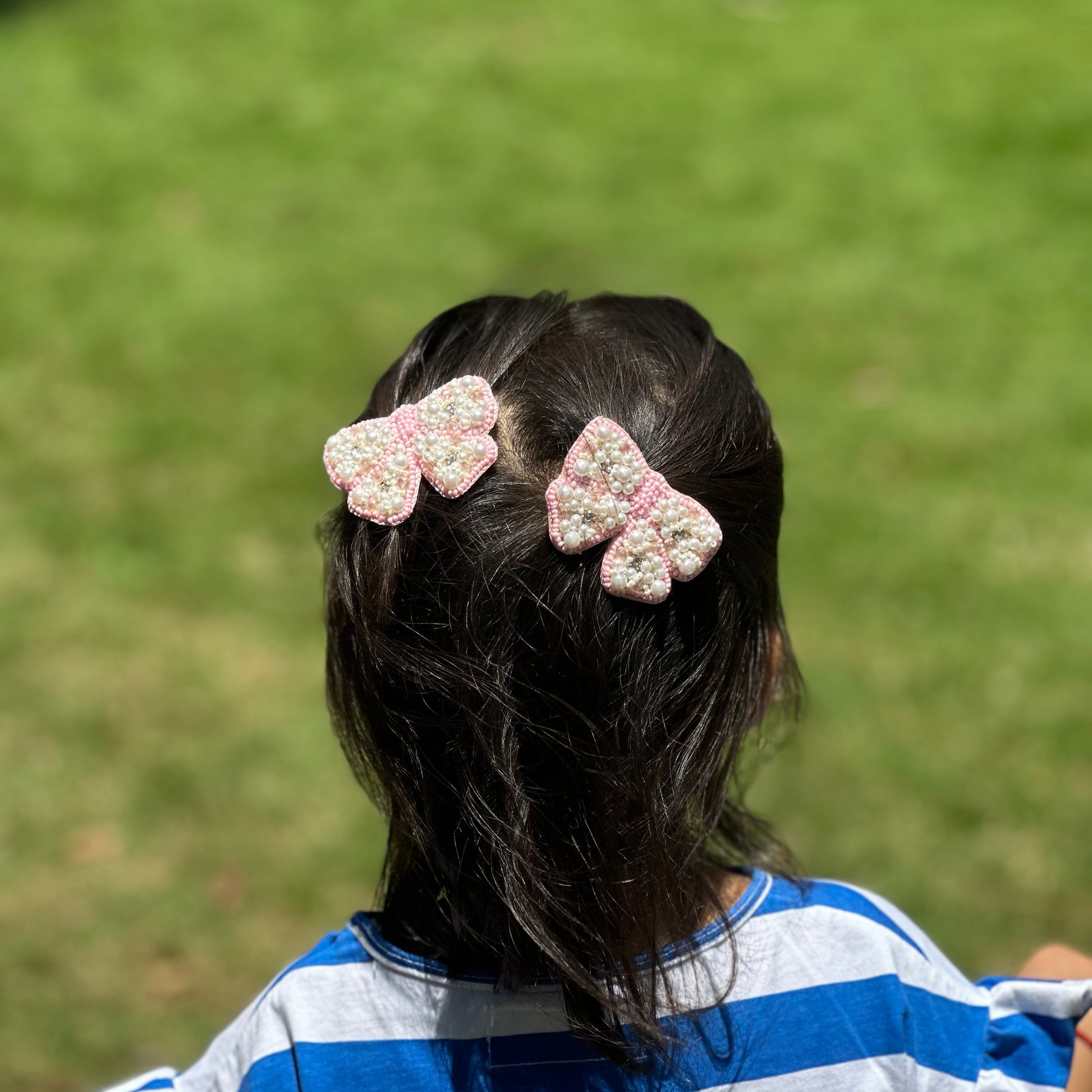 Pink Bows Embroidered Hair Clips Set - Twisty Locks  - Kids and Women Hair Accessories, Fashion Clothing and Jewellery India