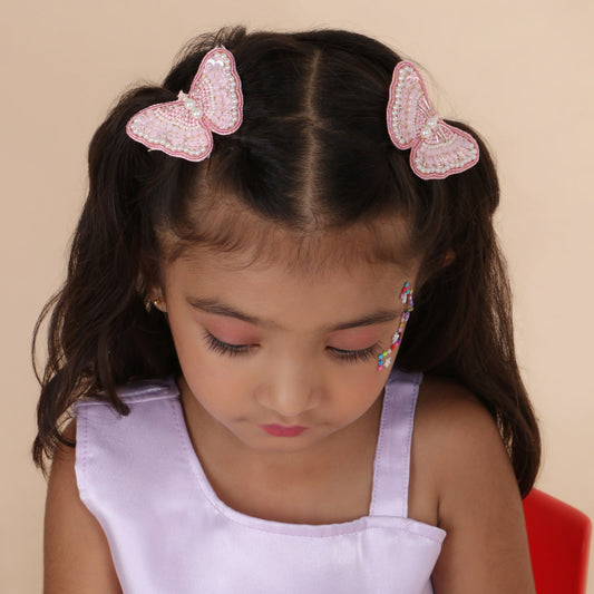 Pink Butterfly Embroidered Hair Clips Set - Twisty Locks  - Kids Hair Accessories India