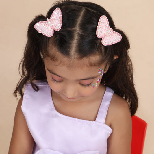 Pink Butterfly Embroidered Hair Clips Set - Twisty Locks  - Kids Hair Accessories India