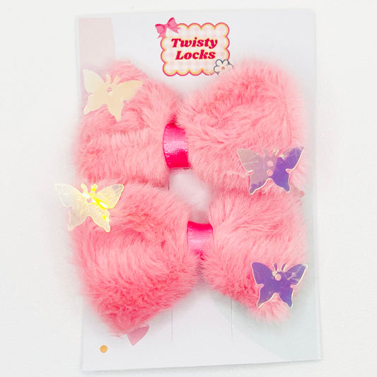 Pink Furry Bow Clips - Set of 2 - Twisty Locks  - Kids and Women Hair Accessories, Fashion Clothing and Jewellery India