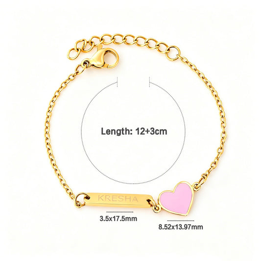 Pink Heart Customised 18K Gold Plated Children's Bracelet | Custom Engraving - Twisty Locks  - Kids and Women Hair Accessories, Fashion Clothing and Jewellery India