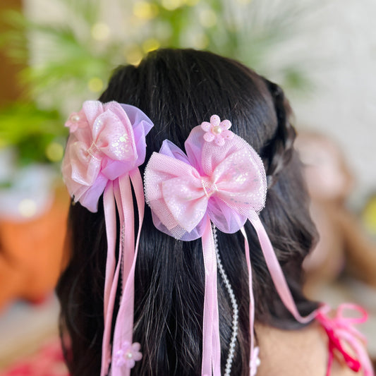 Pink Ribbon & Pearl Tail Bows - Set of 2 - Twisty Locks  - Kids Hair Accessories India
