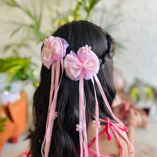 Pink Ribbon & Pearl Tail Bows - Set of 2 - Twisty Locks  - Kids Hair Accessories India