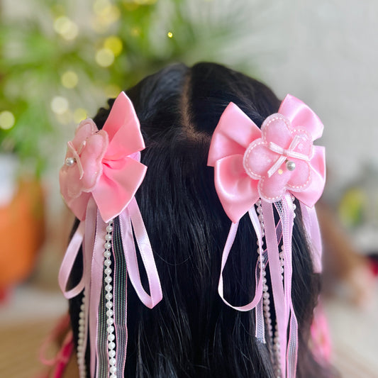 Pink Ribbon & Pearl Tail Flower Bows - Set of 2 - Twisty Locks  - Kids and Women Hair Accessories, Fashion Clothing and Jewellery India