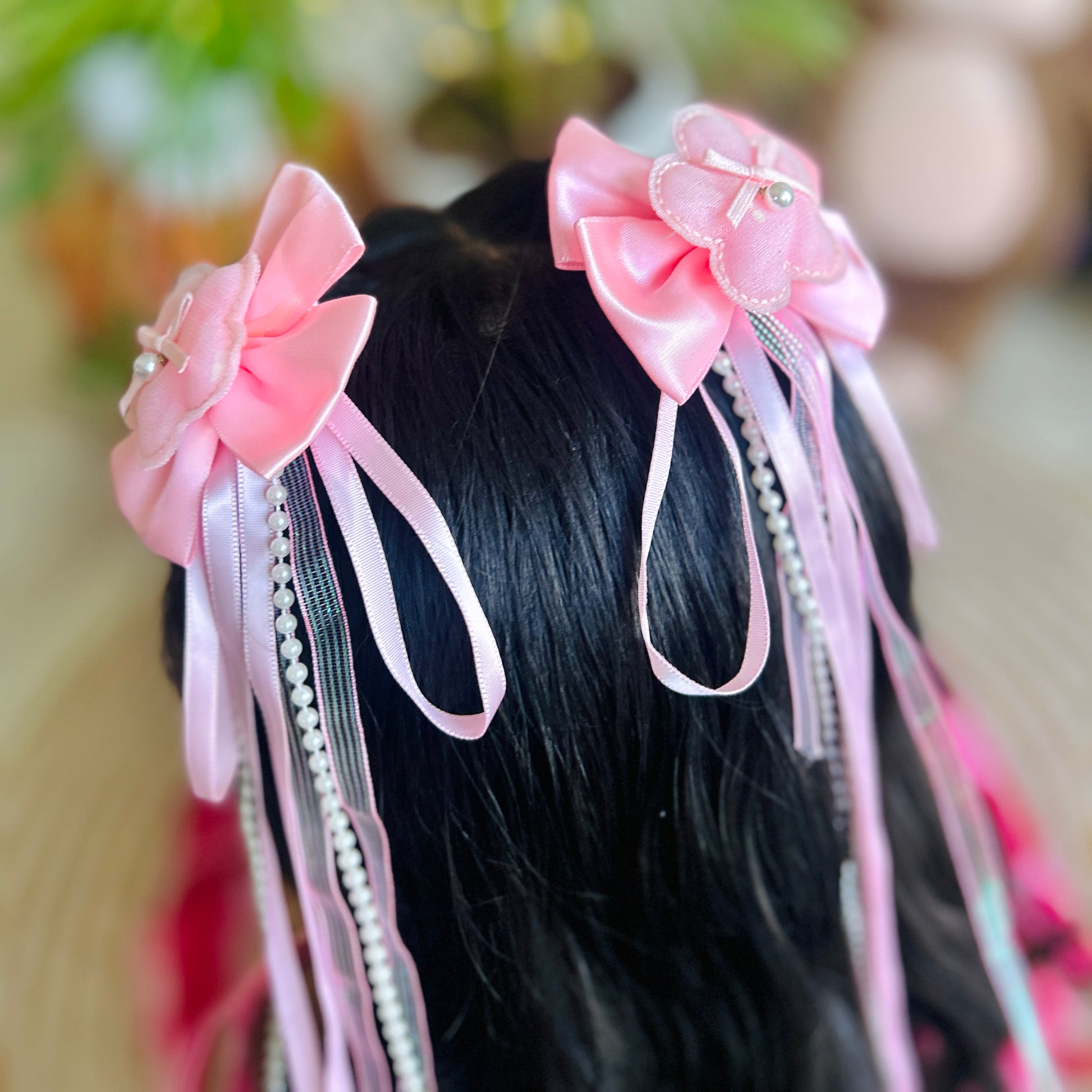 Pink Ribbon & Pearl Tail Flower Bows - Set of 2 - Twisty Locks  - Kids and Women Hair Accessories, Fashion Clothing and Jewellery India
