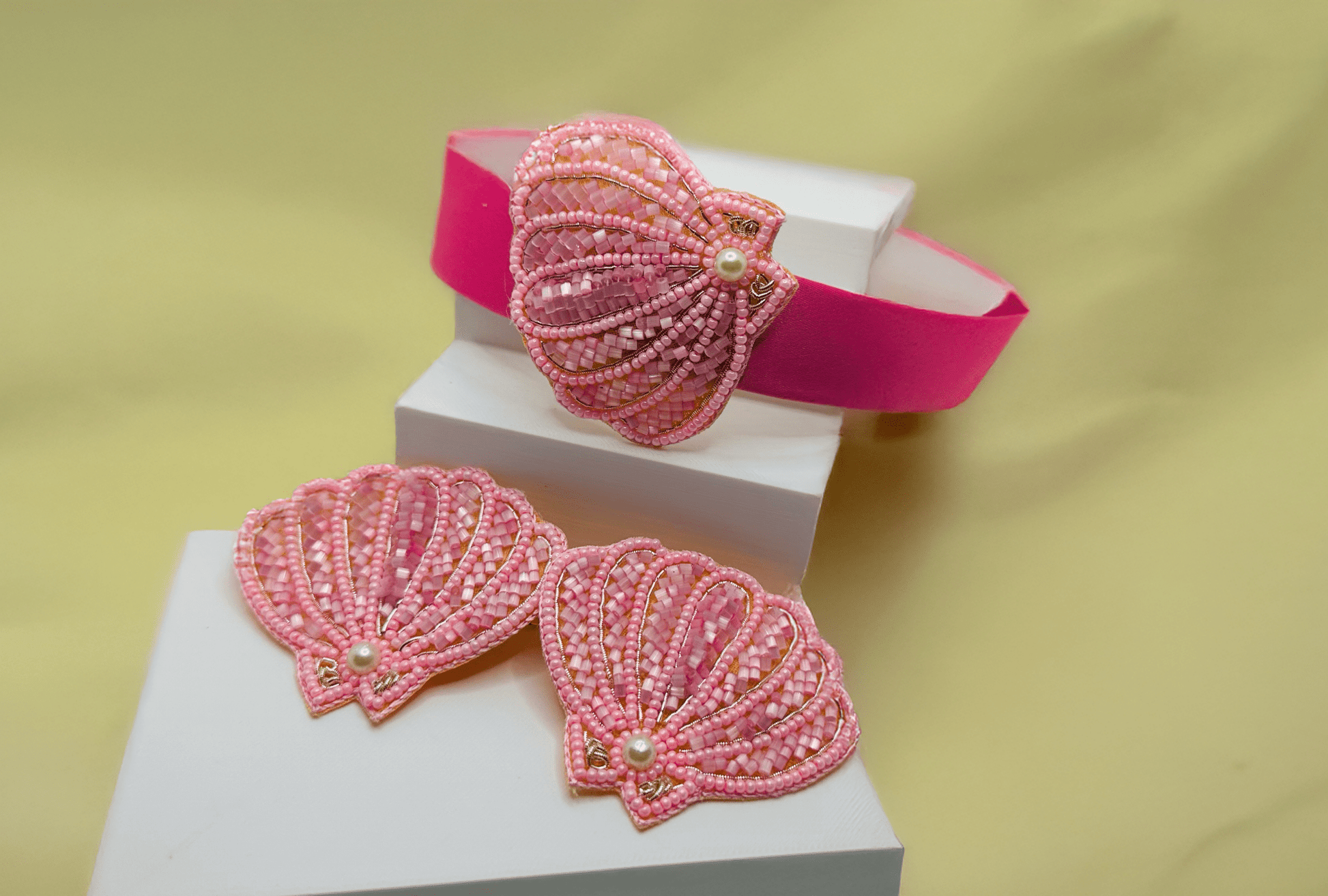Pink Seashell Embroidered Hair Clips Set - Twisty Locks  - Kids and Women Hair Accessories, Fashion Clothing and Jewellery India