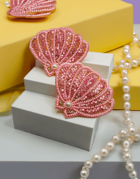 Pink Seashell Embroidered Hair Clips Set - Twisty Locks  - Kids Hair Accessories India