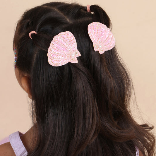 Pink Seashell Embroidered Hair Clips Set - Twisty Locks  - Kids Hair Accessories India