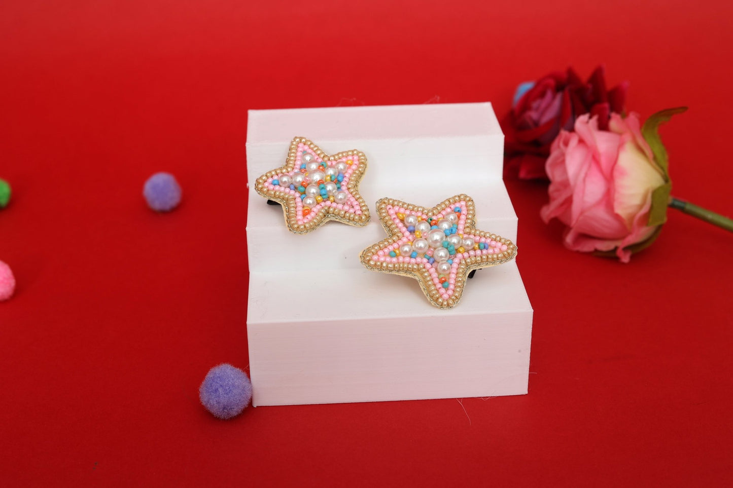 Pink Stars Embroidered Hair Clips Set - Twisty Locks  - Kids and Women Hair Accessories, Fashion Clothing and Jewellery India