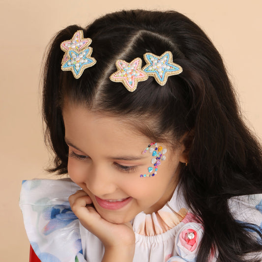 Pink Stars Embroidered Hair Clips Set - Twisty Locks  - Kids Hair Accessories India