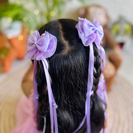 Purple Ribbon & Pearl Tail Bows - Set of 2 - Twisty Locks  - Kids Hair Accessories India