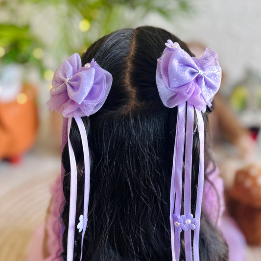 Purple Ribbon & Pearl Tail Bows - Set of 2 - Twisty Locks  - Kids Hair Accessories India