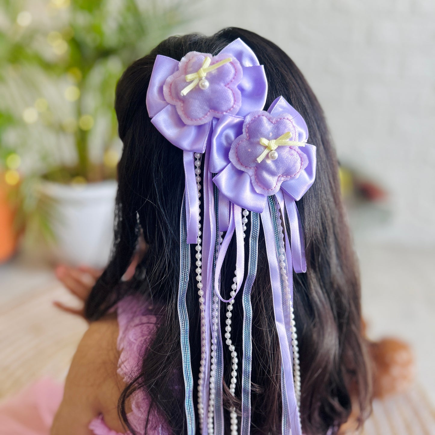 Purple Ribbon & Pearl Tail Flower Bows - Set of 2 - Twisty Locks  - Kids and Women Hair Accessories, Fashion Clothing and Jewellery India
